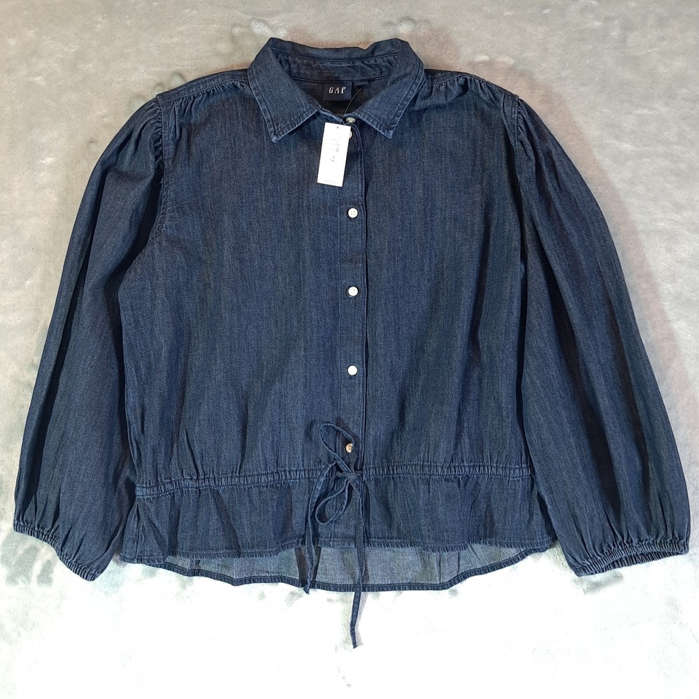 Gap Denim Tie Waist Top Small Tall Dark Wash Button Front Puff Sleeve 836760 NWT